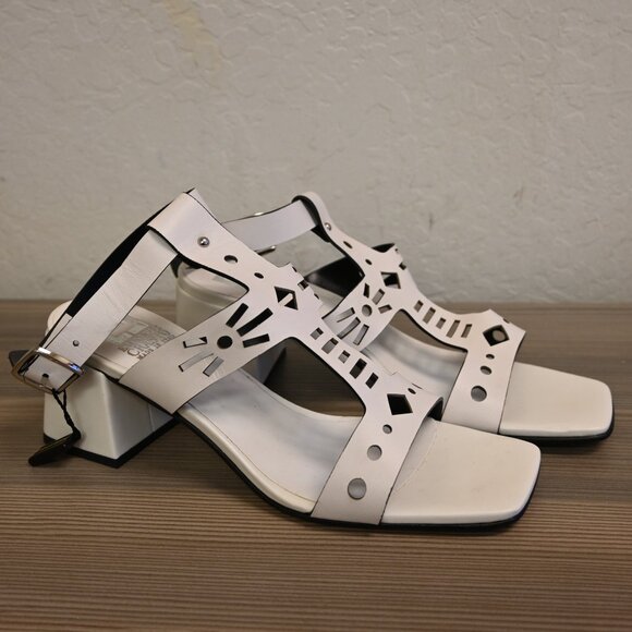 EMANUELE CRASTO White Made In Italy Leather Laser Cut Heeled Sandals - Picture 1 of 4